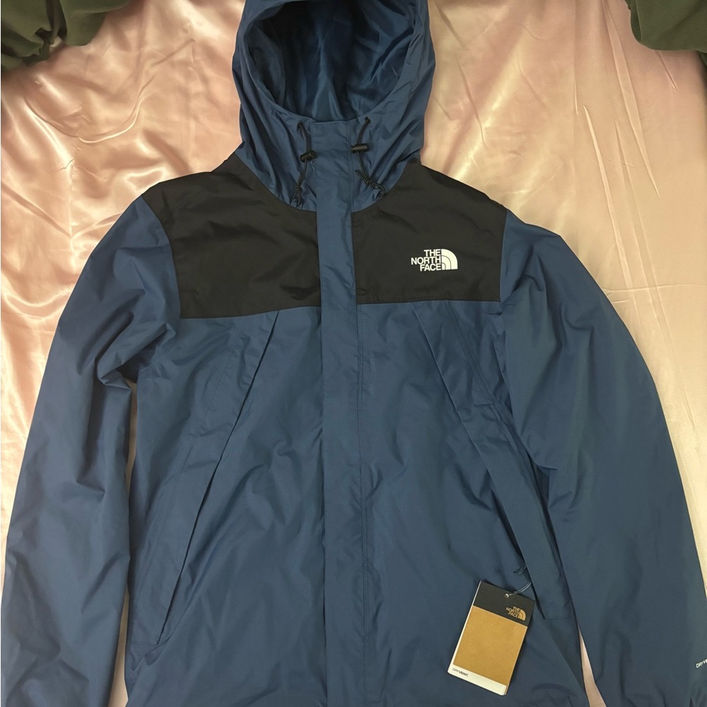 The North Face Men's Blue and Black Hooded Raincoat